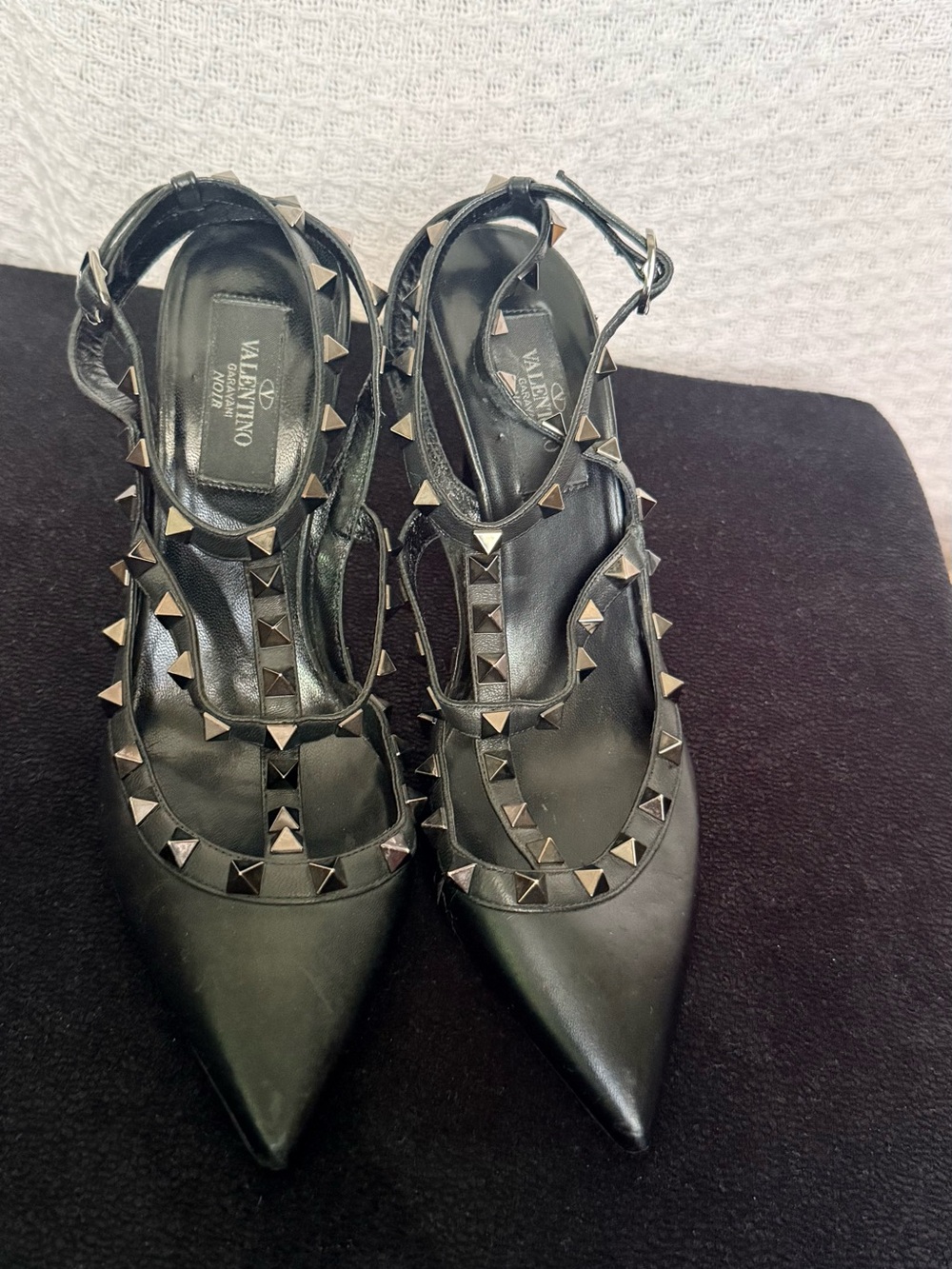 Valentino Black Studded Pointed Leather T-Strap Pumps